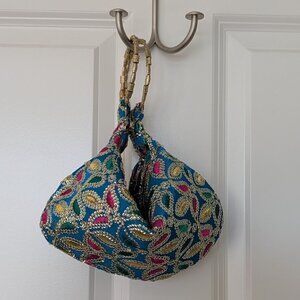 Teal Embroidered Bracelet Bag with Gold Handles – Indian Evening & Wedding Purse